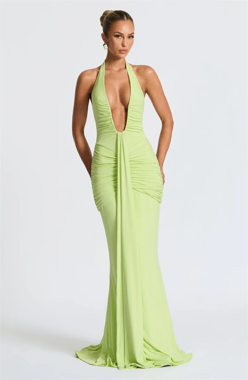 Deep V Neck Draped Ruched Sexy Maxi Dress