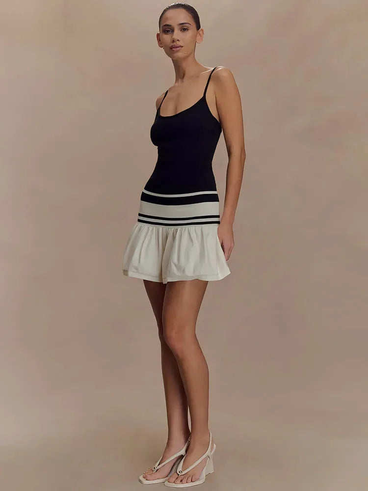 Spaghetti Strap Sleeveless Backless Ruffle Patchwork Mini Dress