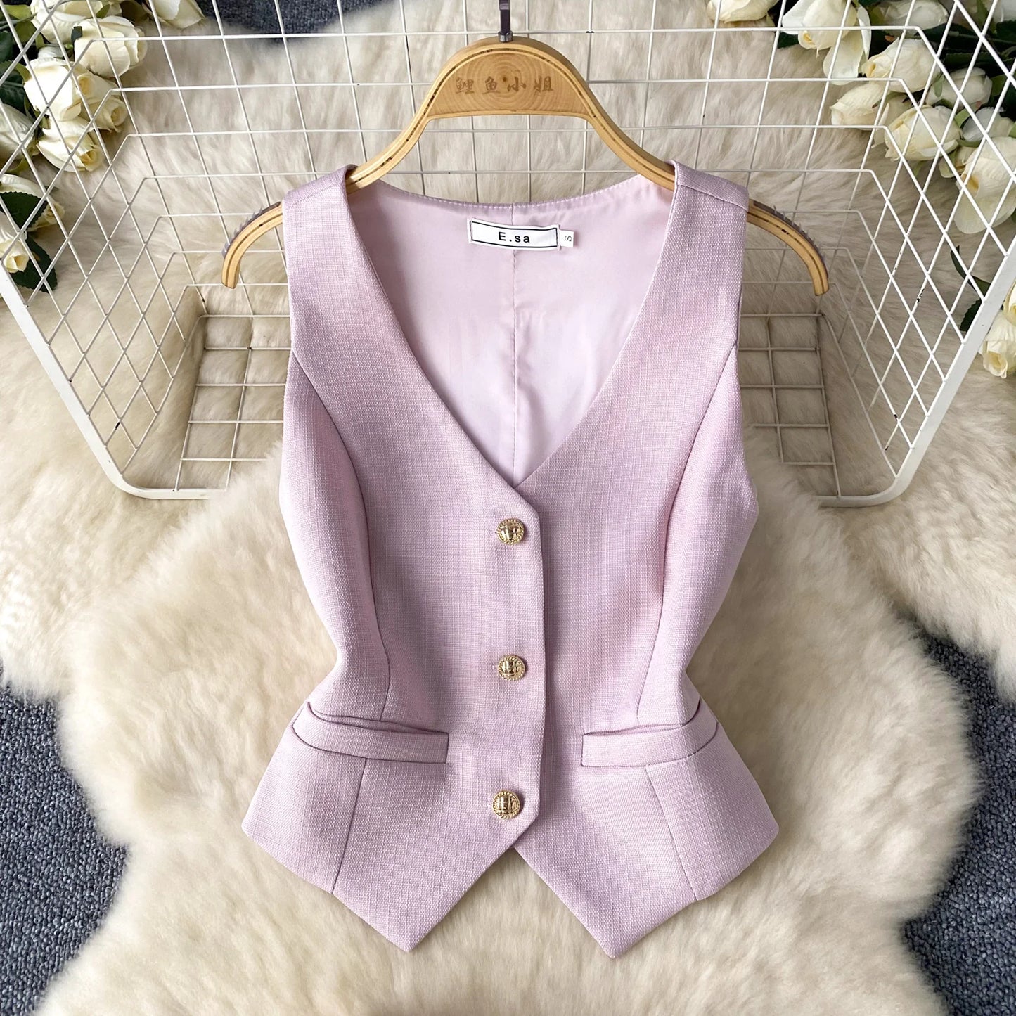 Single Breasted Basic Camisole+Zipper Design Pleated Skirt Set