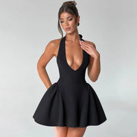 Elegant Halter High Waist A-line Deep V Neck Mini Dress