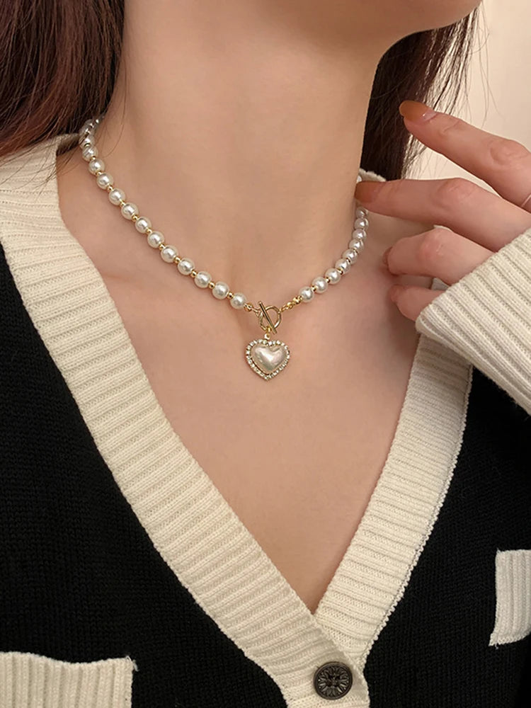 Heart Pendant Imitation Pearl Necklace
