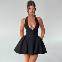 Elegant Halter High Waist A-line Deep V Neck Mini Dress